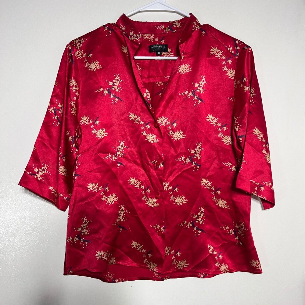 Juliana Collezione Short Sleeved 100% Silk Top Shirt Asian Print Women's Size 6